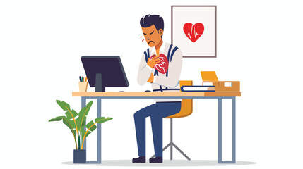 Man suffering sudden heart attack at workplace holding - obrazy, fototapety, plakaty