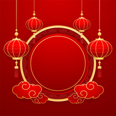 Happy Chinese new year 2025. Chinese new year banner with circle for show product. Greeting card. China frame with lantern on red background.
