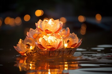 A group of yellow flowers floating on a body of water