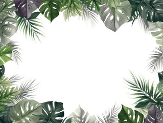 Tropical plants frame background with gray blank space for text on gray background, top view. Flat lay style. ,copy Space flat design vector illustration