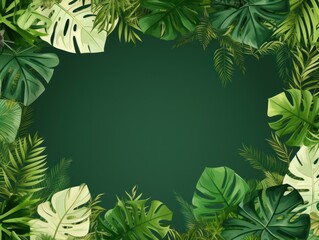 Tropical plants frame background with green blank space for text on green background, top view. Flat lay style. ,copy Space flat design vector illustration