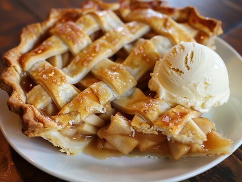 Classic apple pie with a flaky, buttery crust and a lattice top with a scoop of vanilla ice cream. 