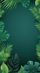 Fototapeta na wymiar Tropical plants frame background with green blank space for text on green background, top view. Flat lay style. ,copy Space flat design vector illustration