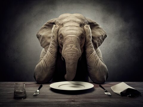 A sad and thoughtful elephant holds his head between his paws. Nature concept