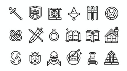 Medieval fairy tales. Thin line art icons set. Advent