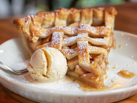Classic apple pie with a flaky, buttery crust and a lattice top with a scoop of vanilla ice cream. 