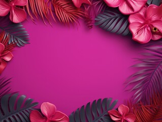 Fototapeta na wymiar Tropical plants frame background with magenta blank space for text on magenta background, top view. Flat lay style