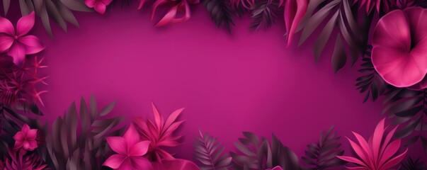 Tropical plants frame background with magenta blank space for text on magenta background, top view. Flat lay style