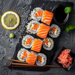 Nori Maki Philadelphia Sushi Rolls Set, Uramaki or Futomaki Sushi with Red Fish, Raw Salmon