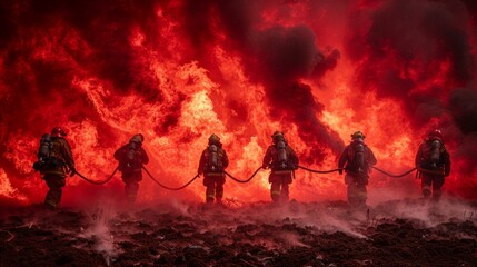 Rear view of firefighters with hose battle immense blaze against red smoky backdrop.