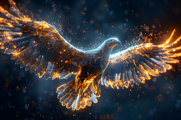 Fantasy Flying Eagle with particle effect Indigo and gold color tone.
Glowing flame flying Eagle in...