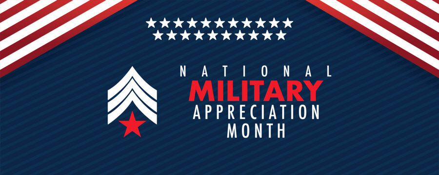 National Military Appreciation Month is celebrated every year in May, Poster, card, banner and background. Vector illustration. banner design with American flag theme and colors, stars, stripes