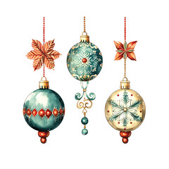 Vintage Watercolor Christmas Ornaments with Elegant Designs Isolated on Transparent Background.