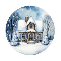 Charming Watercolor Snowy Christmas House Isolated on Transparent Background.