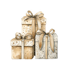 Elegant Watercolor Beige Gift Boxes with Golden Ribbons Isolated on Transparent.