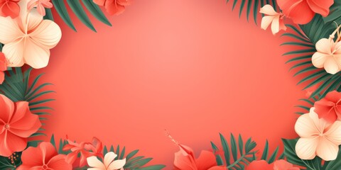 Tropical plants frame background with coral blank space for text on coral background, top view. Flat lay style. ,copy Space flat design vector illustration