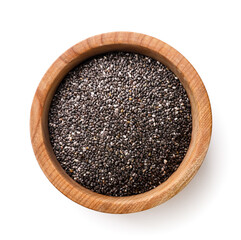 Chia seeds in a wooden plate on a white background. Top view