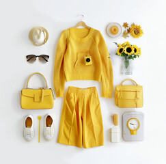 Yellow womens clothing and accessories flat lay with skirt and pullover, shoes and jewelry, sun hat, bags and sunflowers at white background. Top view, Fashion outfit