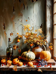 Autumn sill life with pumpkins and vase with autumn leaves bunch on table at window
