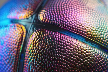 Close-up of a textured basketball with rainbow hues.