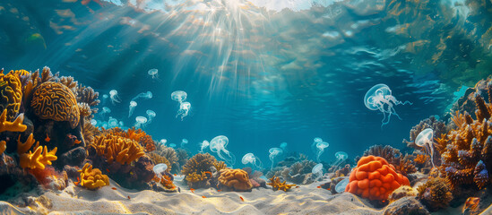 Colorful coral reef, jellyfish floating - Powered by Adobe