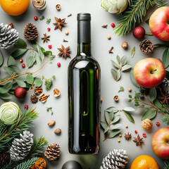 Bottle with mulled wine and ingredients flat lay with fir branches and cones , top view