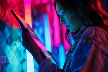 App preview over shoulder of a woman holding a tablet with a fully neon screen - obrazy, fototapety, plakaty