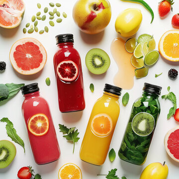 Colorful smoothies bottles flat lay on white desk background with fruits and vegetables ingredients, top view. Healthy lifestyle