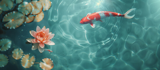 Red koi fish and lotus flower on a Japanese zen garden 