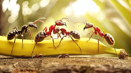 4 ants help each other lift bananas easily On a transparent background PNG Ai is generated