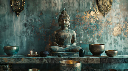 Singing bowls Buddha and focused meditation. 