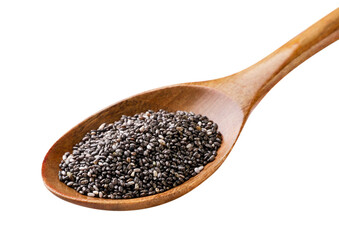 Chia seeds in a wooden spoon close-up on a white background.