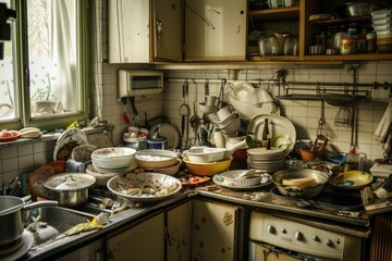 Disorganized Messy Kitchen with Cluttered Household Items and Dirty Dishes on Counter and Sink due to Compulsive Hoarding Syndrome