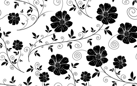 Floral seamless pattern silhouette balck white vintage retro style flower texture vector background wallpaper ornamental decorative creative trendy beautiful