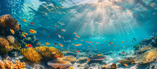 A sunlit lagoon in tropical waters, tropical coral reef and fish variety