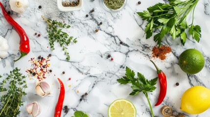 Vibrant cooking scene: white marble table adorned with seasonings, spices, and fresh herbs - hot red pepper, garlic, salt, greens, tarragon, parsley, lime lemon - top view copy space