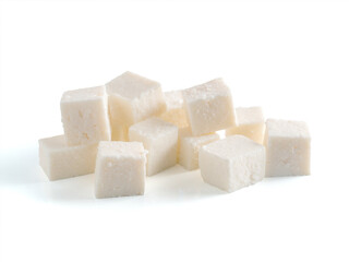 Heap of diced soft cheese isolated