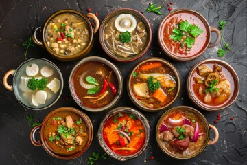 Asian Soups Set with Kespe Soup, Kullama or Beshbarmak, Fish Soup Bouillabaisse