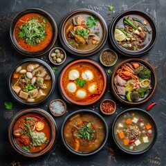 Fototapeta na wymiar Asian Soups Set with Kespe Soup, Kullama or Beshbarmak, Fish Soup Bouillabaisse