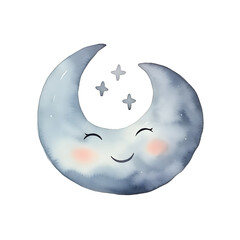cute cartoon moon watercolor style, illustration.
