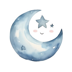 cute cartoon moon watercolor style, illustration.