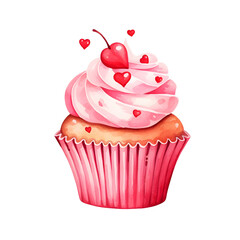 cupcake in valentines day watercolor style, illustration.