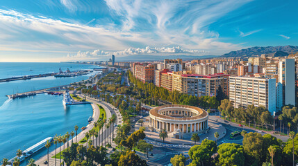 Skyline aerial view of Malaga city Andalusia  - obrazy, fototapety, plakaty