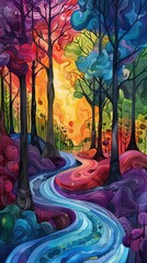 Illustrate a whimsical forest scene with towering trees intertwined with bright, swirling patterns in a surreal watercolor and acrylic blend