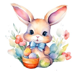 bunny ears and eggs in the basketeaster day watercolor style, illustration.