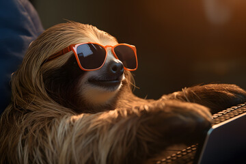 Fototapeta premium Relaxed Sloth Using Laptop