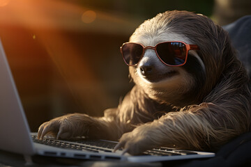 Fototapeta premium Relaxed Sloth Using Laptop