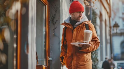 Smiling delivery man with coffee and food knocking on door, delivering to your doorstep with care and convenience, fast delivery service concept