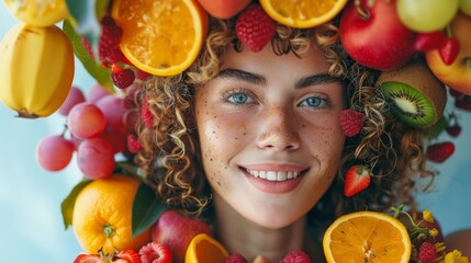 Fototapeta na wymiar Girl dressed in a fresh fruit costume. Photo of happy woman wearing a dress made of various fruits