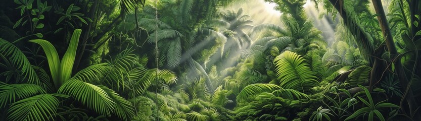 In this image, a dense jungle teems with life, as sunlight pierces through the canopy creating breathtaking shafts of light - obrazy, fototapety, plakaty